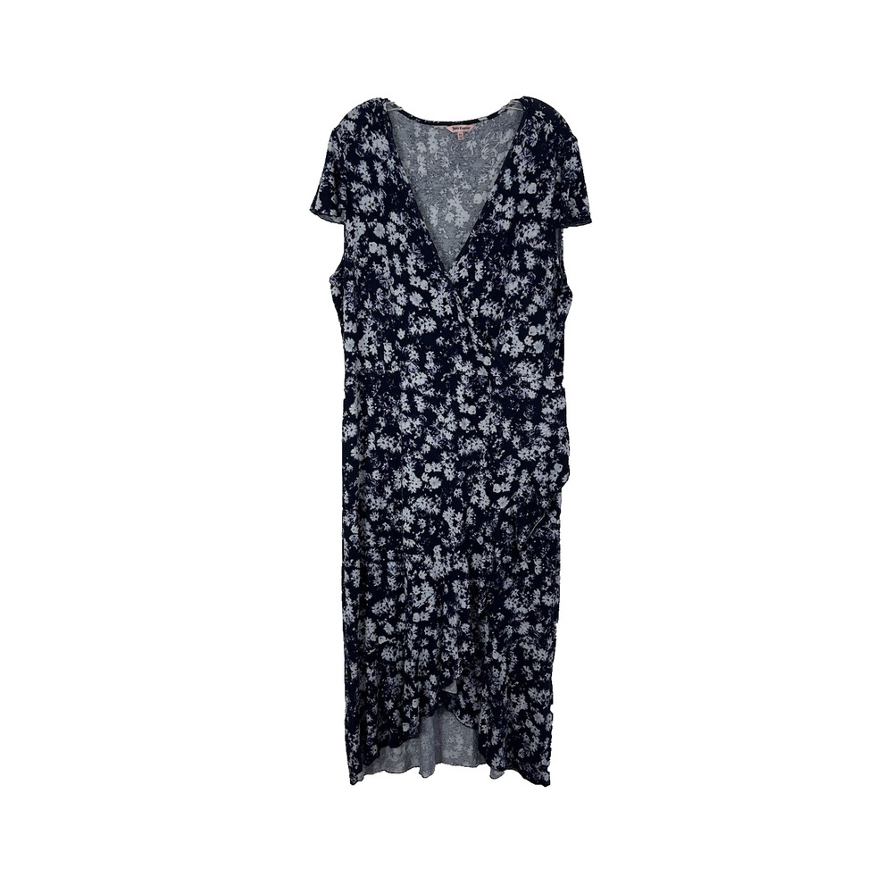 Juicy Couture Dreamy Dress Floral Blue Faux‎ Wrap Womens 2XL Flutter Sleeve Flaw